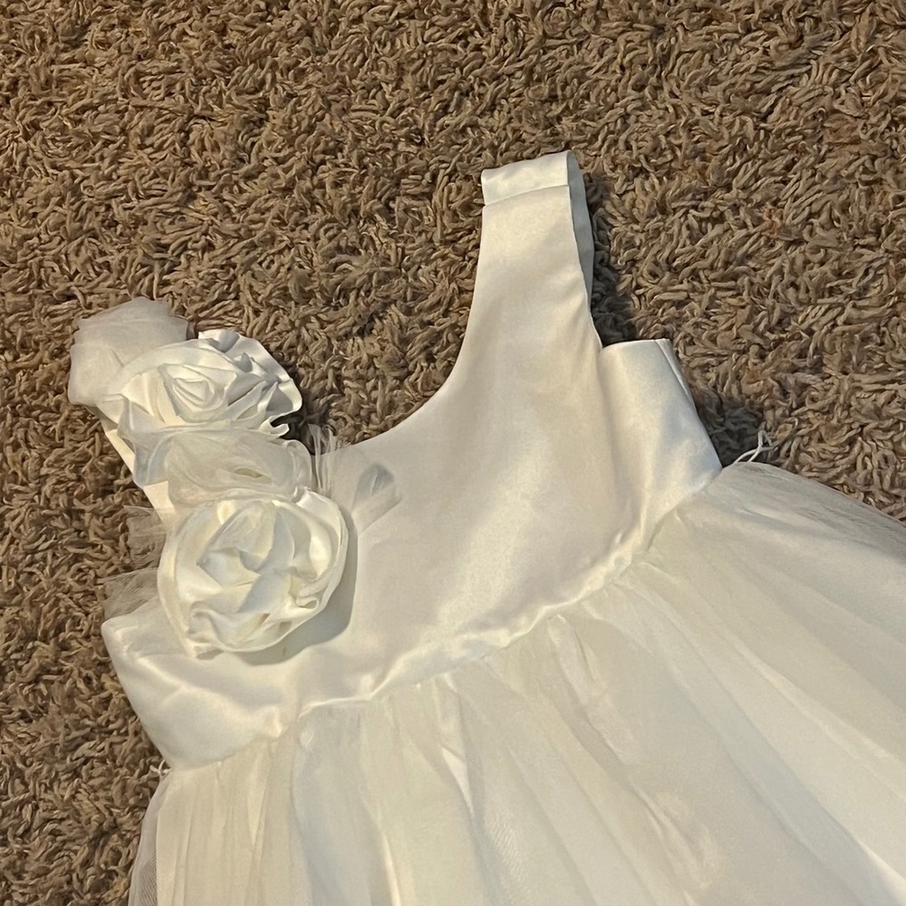 Us Angels White Satin Tulle Flower Girl Dress 18M Rosette Formal Christening